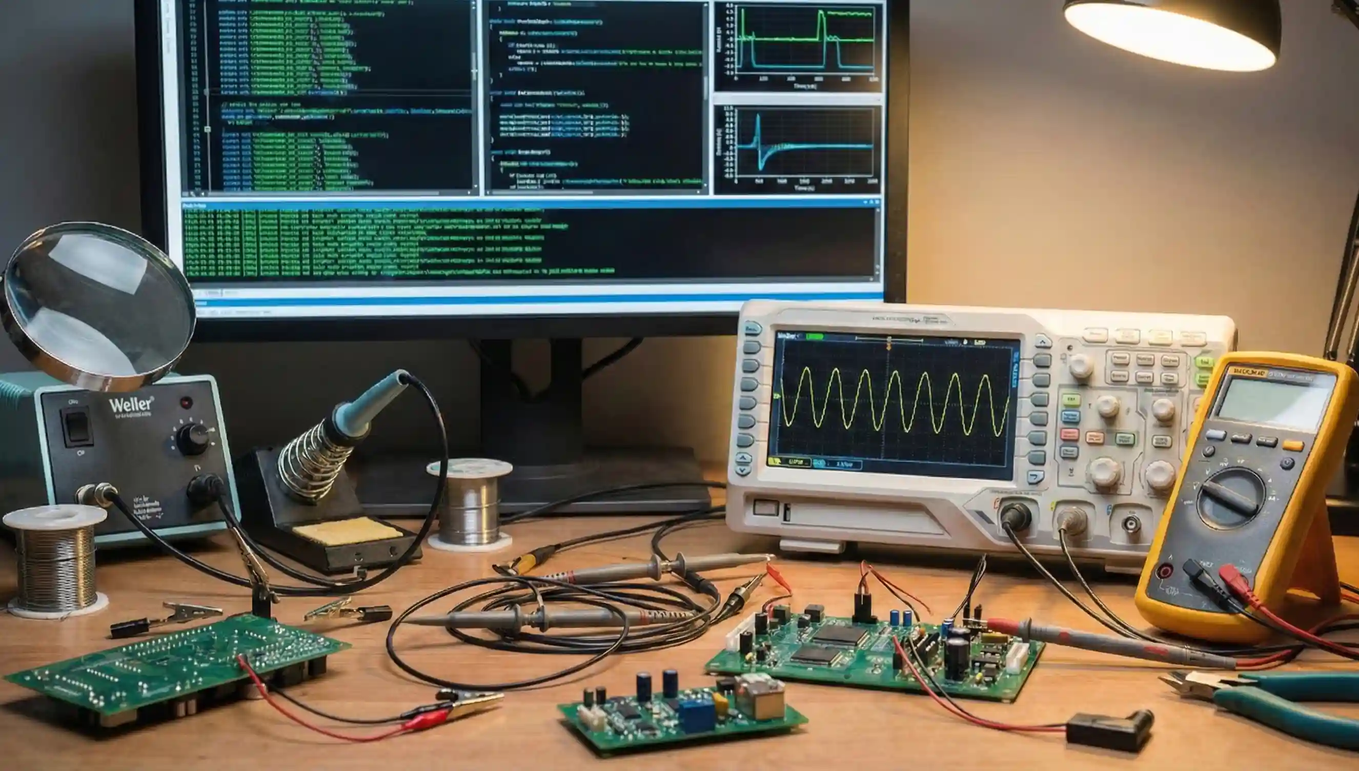 Electronics workbench with code and oscilloscope generated with AI